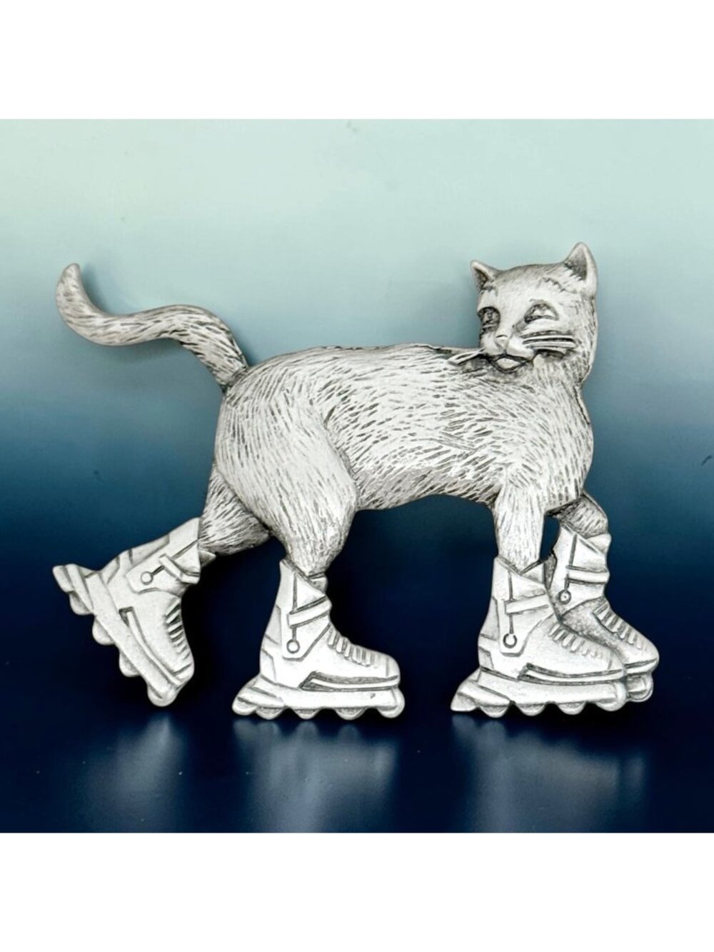 Rare Jonette Jewelry Cat Roller Skating Brooch Silver Tone Pewter New on Card